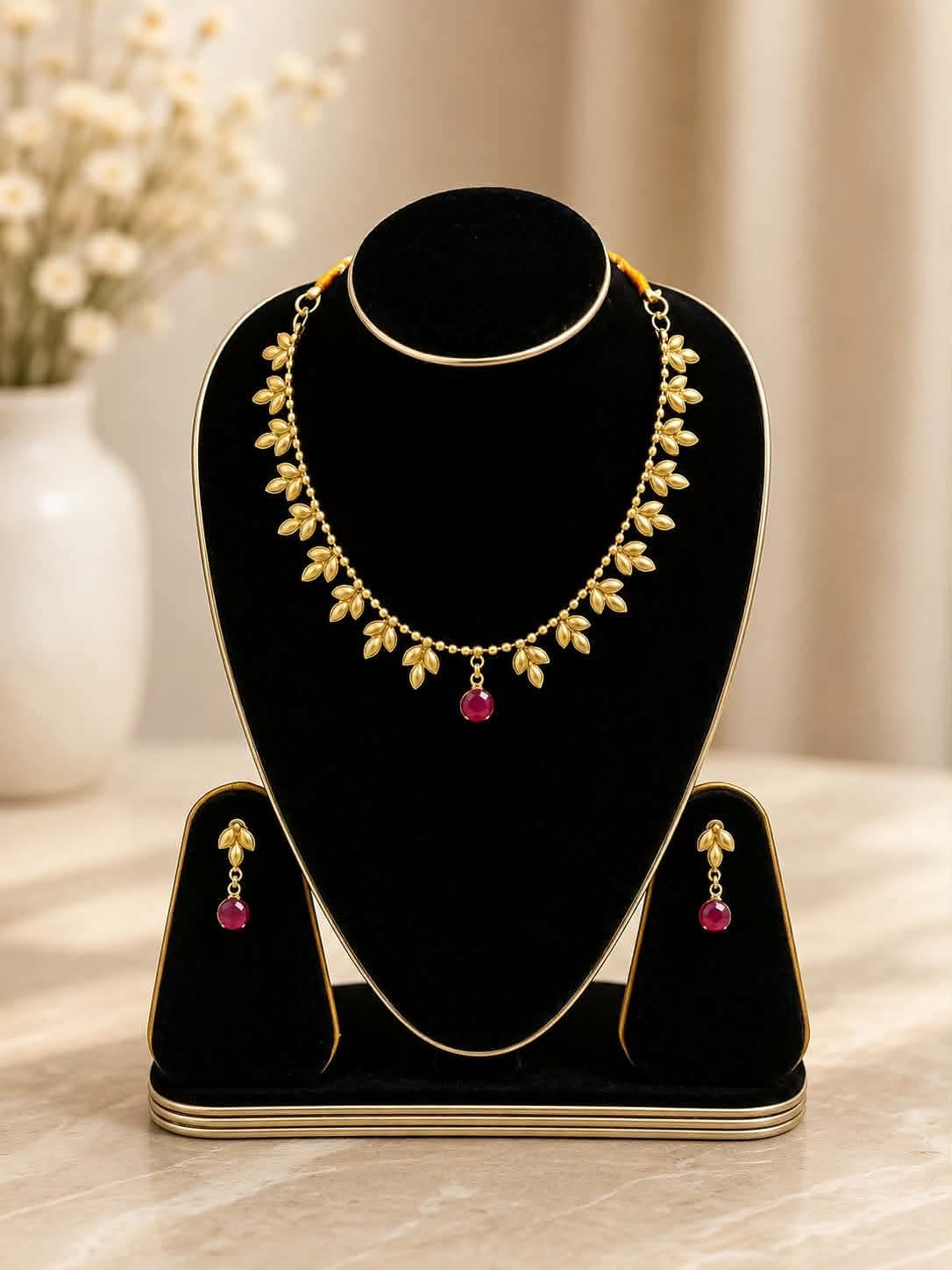 Leaf Motif Ruby Stone Set